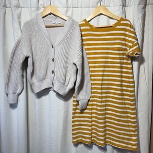 GAP Kids Girls Knit Cardigan and Old Navy Mustard Stripe T Shirt Dress L 10 12